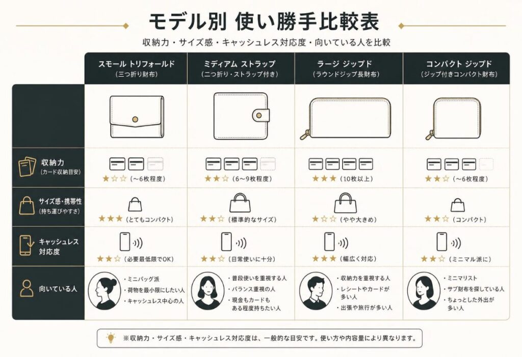 人気モデル別の使い勝手比較表（収納力・サイズ・使いやすさ・向いている人）の図解