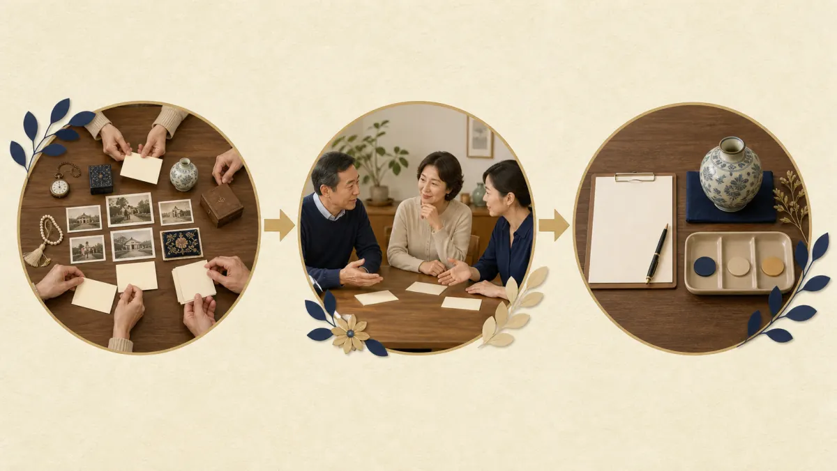家族で形見の扱いを話し合う流れを示すイメージ