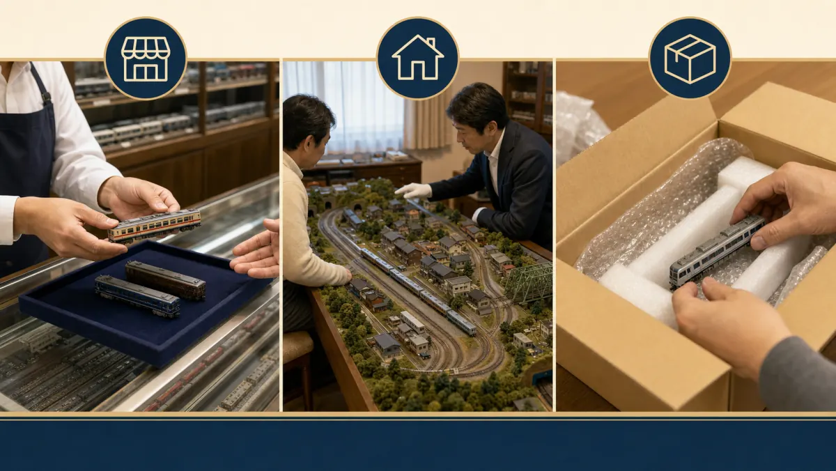 鉄道模型の店頭買取・出張買取・宅配買取の選び方を比較した図