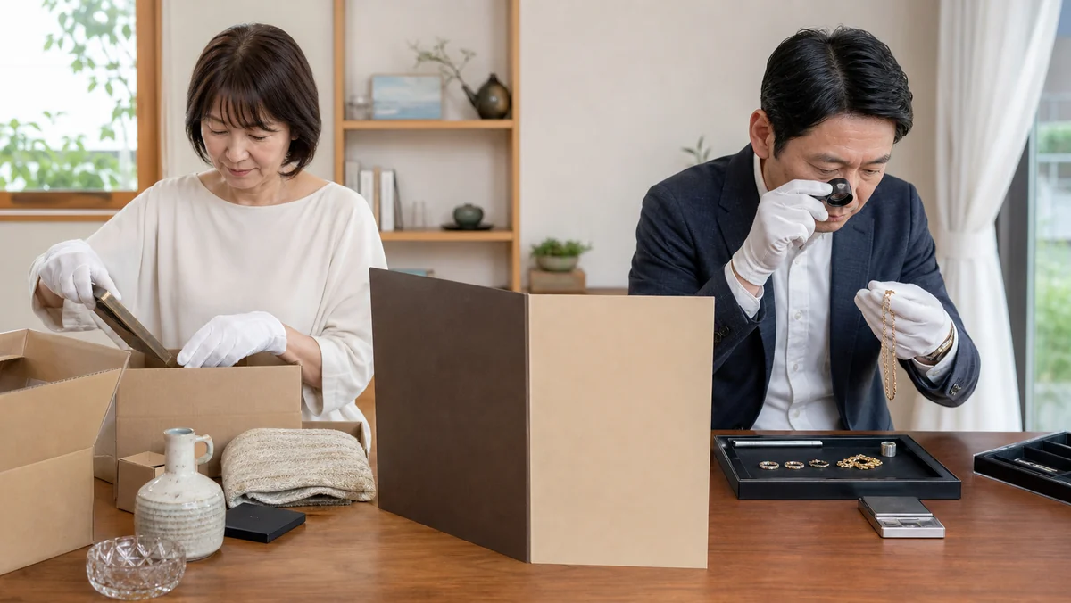 遺品の仕分け・搬出と貴金属の価値査定の役割差を比較するイメージ