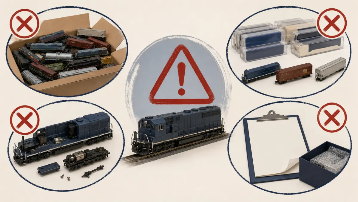 鉄道模型の買取でよくある4つの失敗パターンを示した図