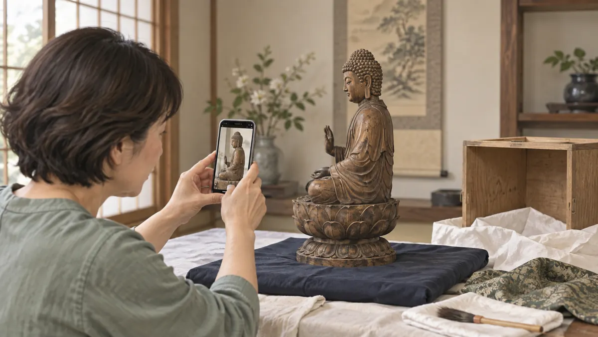 手元の仏像を動かさずに撮影して素材と付属品を確認する手順