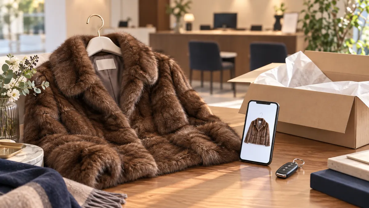 毛皮のジャケットと発送用の箱・スマートフォンを並べて売り先を検討する様子