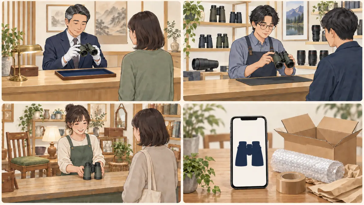 買取専門店・光学専門店・総合リユース店・個人出品という双眼鏡の売り方4種類を並べた図
