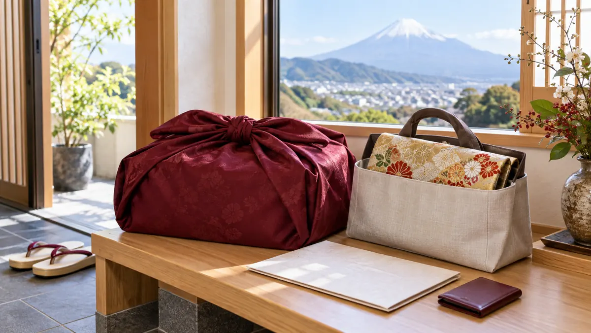 振袖と帯・証紙などの資料・本人確認書類をそろえて静岡県内の店舗へ持ち込む準備をしたイメージ