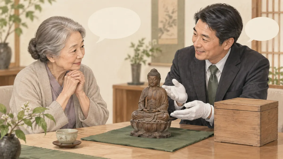 仏像の買取に関するよくある質問を相談している様子