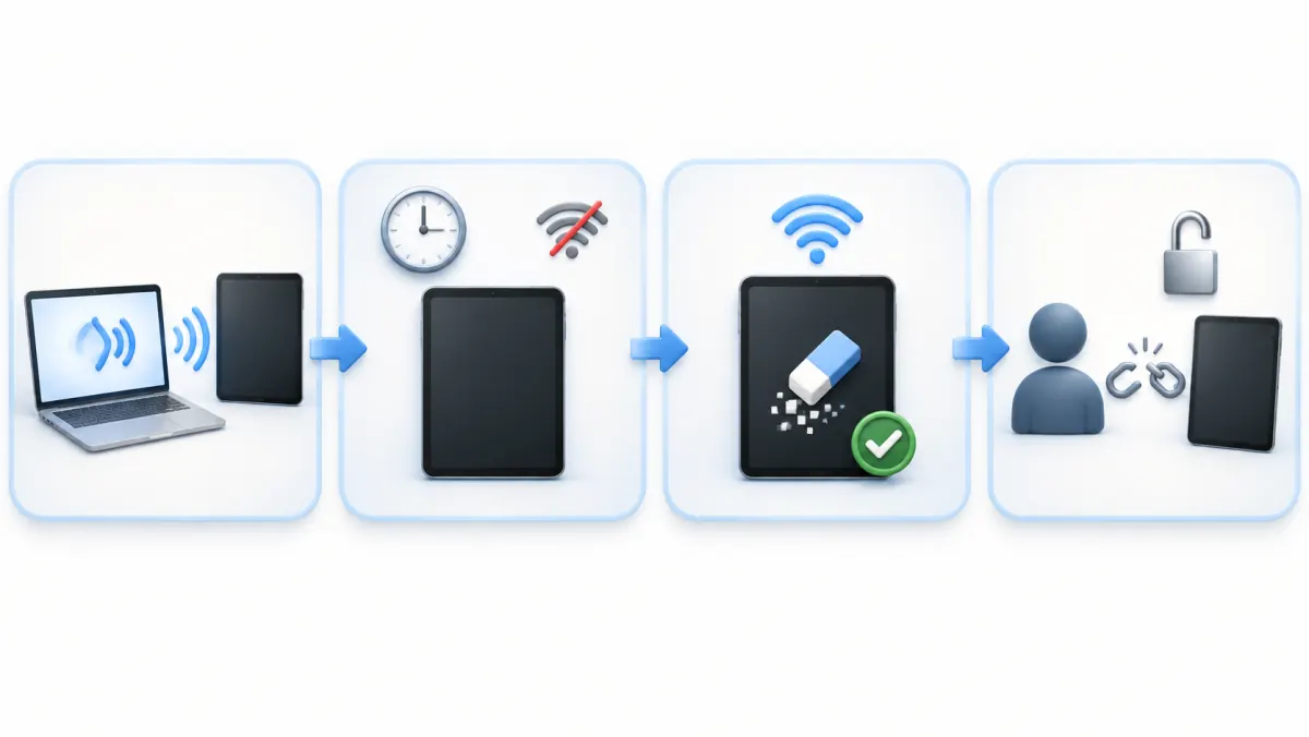 操作できないiPadを遠隔で消去し、実行を確認してからアカウントから削除するまでの手順を示した図解