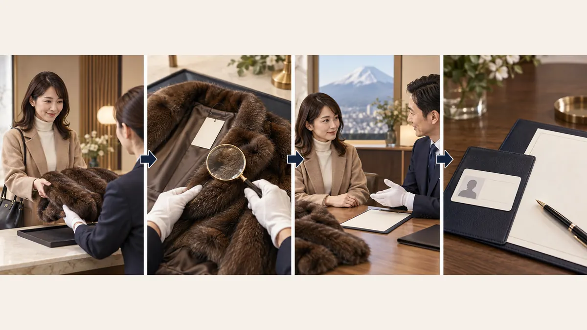 受付から査定、金額提示・相談、納得した場合のみ本人確認と契約へ進む査定当日の流れを示した図解