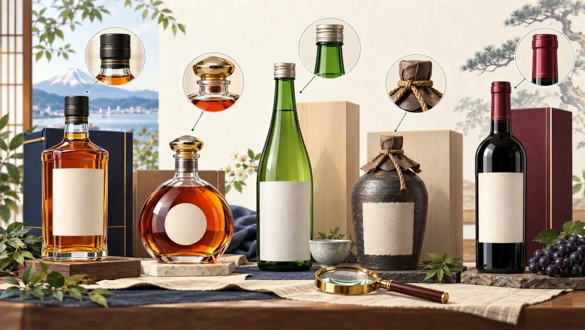 ウイスキー・ブランデー・日本酒・焼酎・ワインの未開封ボトルを並べ、封かんや液面、ラベルを確かめるイメージ