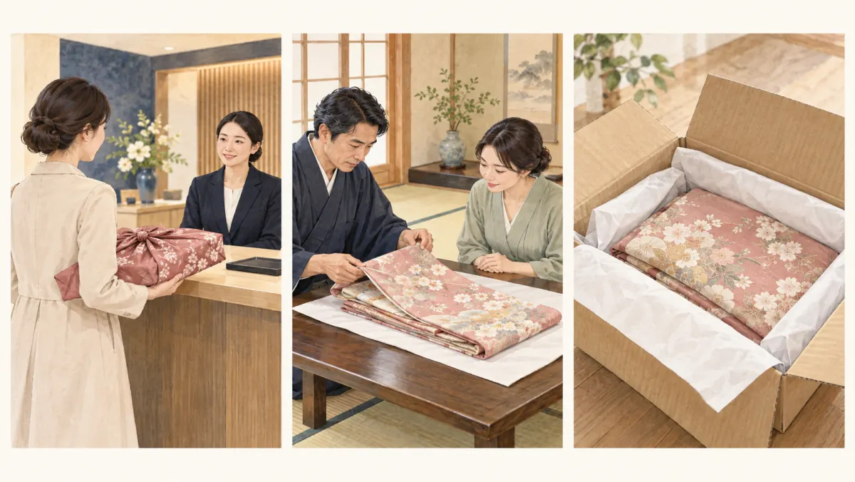 沼津市から着物を売る方法として、店舗への持ち込み・出張買取・宅配買取の3つを並べた比較図
