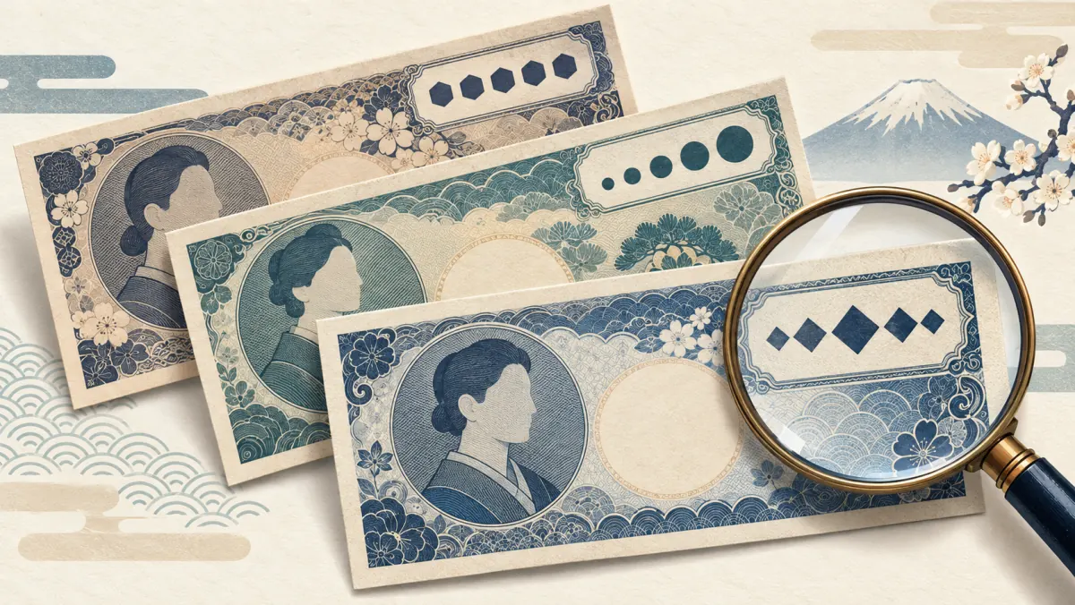 ゾロ目・階段番号・左右対称など、お札で価値がつきやすい番号の並びのイメージ