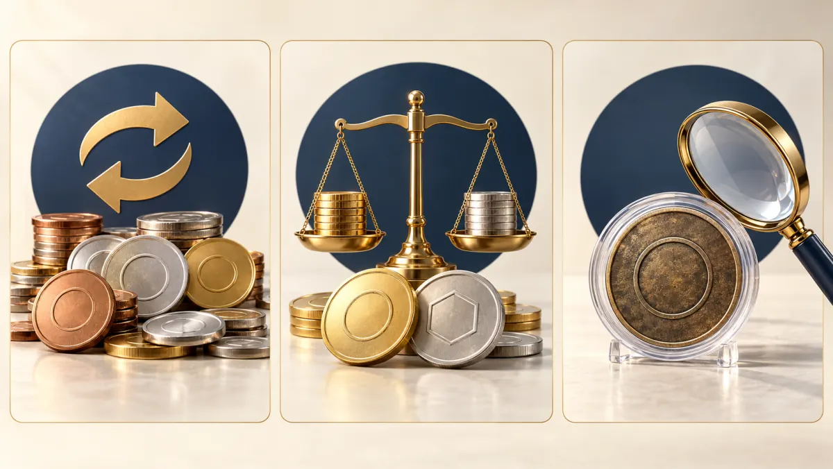 流通外貨・地金型の金貨と銀貨・希少コインという外国硬貨の3つの区分を並べたイメージ