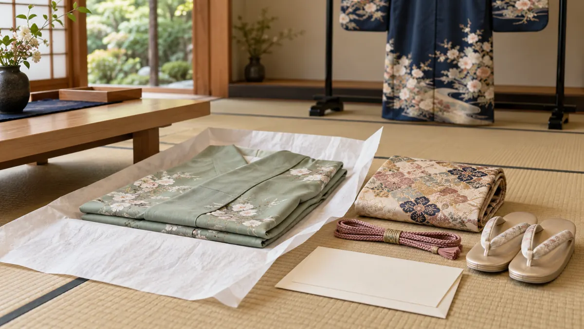 着物とたとう紙・帯・和装小物をまとめて査定の準備をするイメージ