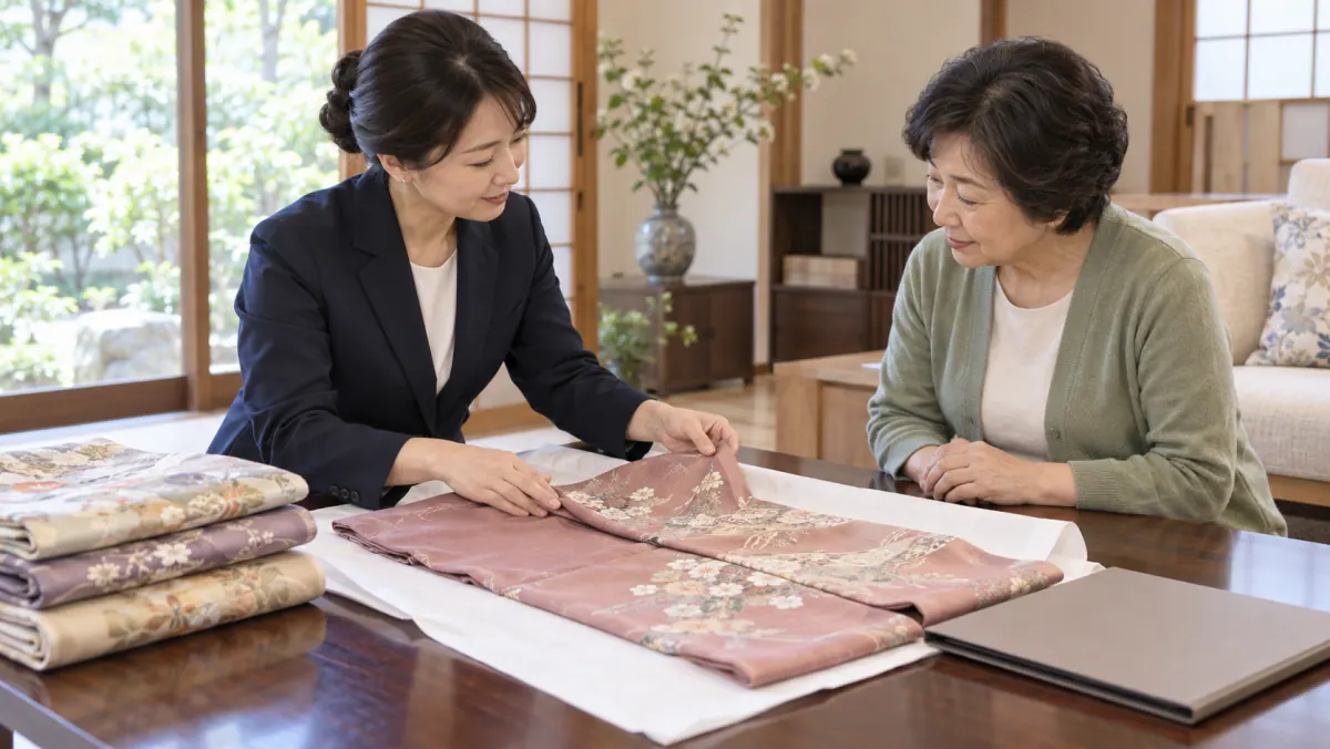 自宅で着物の訪問査定を受けて説明を聞くイメージ