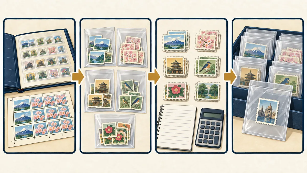 切手の形を保ったまま、バラだけを分けて枚数を控え、判断できないものを別の袋にまとめる4つの手順