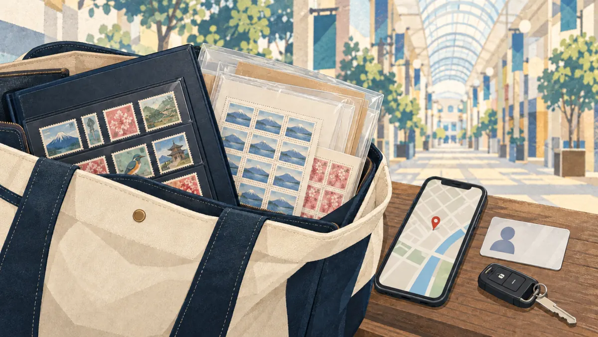 切手帳や本人確認書類をそろえて静岡呉服町店へ持ち込む準備をするイメージ