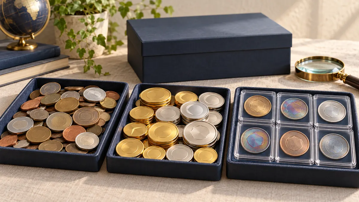 流通外貨・金貨と銀貨・収集コインに仕分けを終えた外国硬貨のイメージ