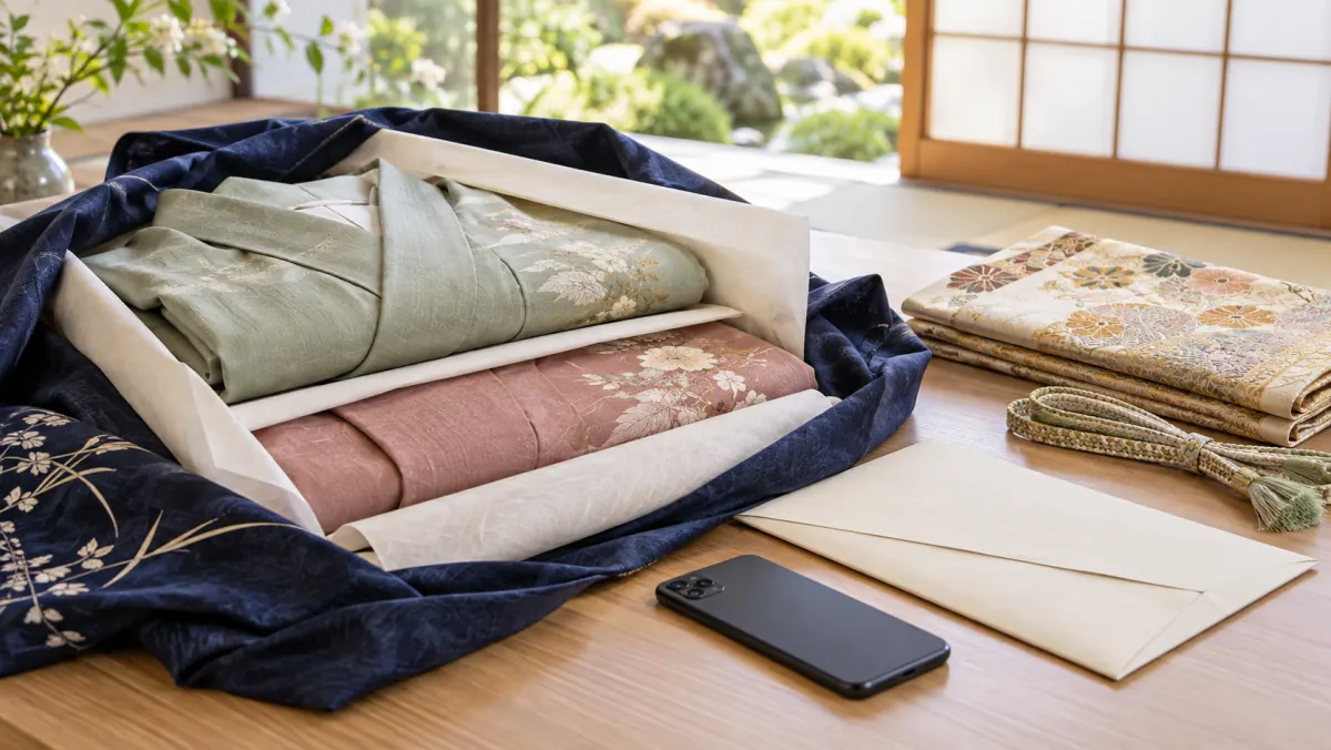 付属品をまとめて着物の査定を申し込む準備をするイメージ