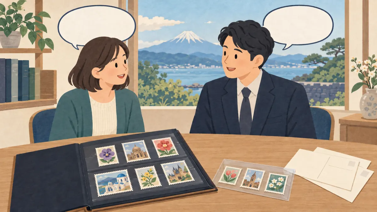外国切手や少量の切手の扱いを店舗に相談する様子