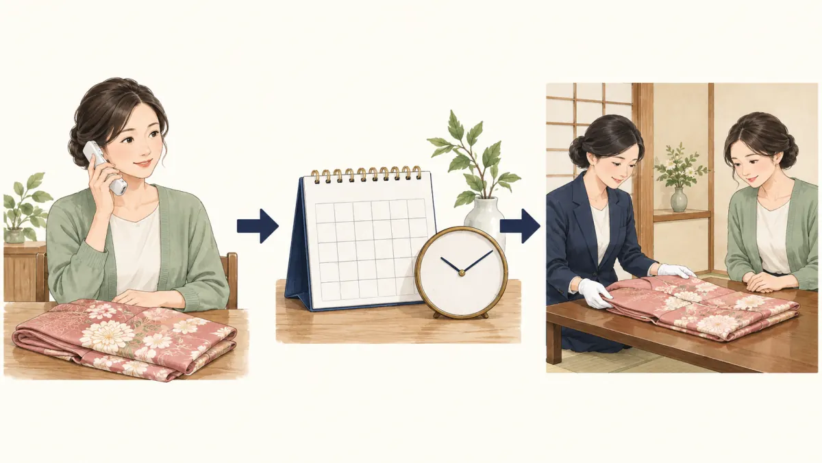 出張買取の流れとして、訪問できるかの確認の連絡・日時の調整・自宅での訪問査定の3段階を示す図